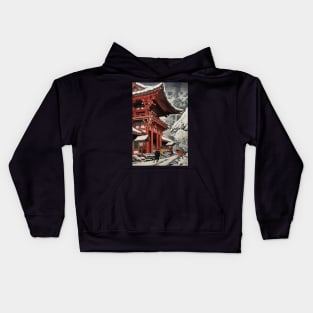 Snowy temple in Kyoto - Japanese Vintage Art Kids Hoodie